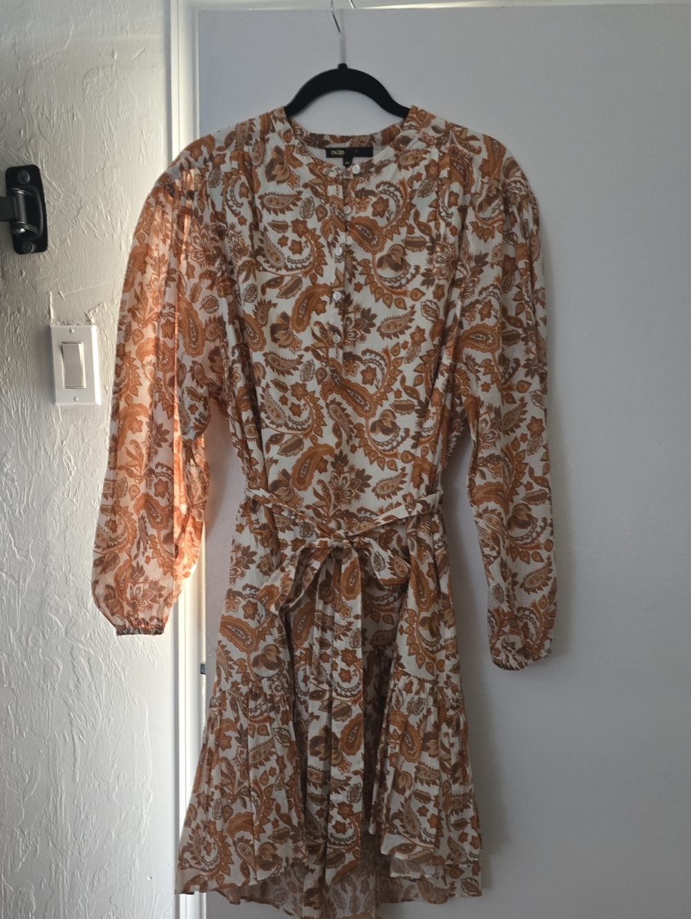 Maje Cream and Tan Paisley Tie-Waist Long Sleeve Dress